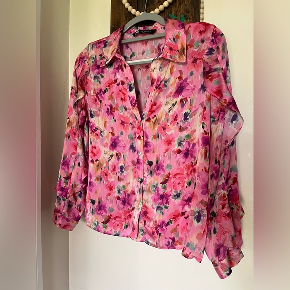 ZARA Pink Floral Button Down Long Sleeve Sheer Blouse with Collar Women’s Size S - Picture 4 of 13